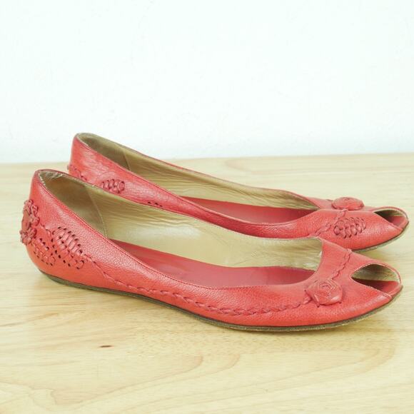 Valentino Garavani 38 Shoes Slip On Ballet Flats Peep Toe Red Leather Luxury